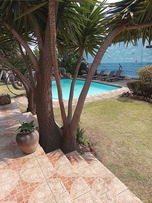 Zona de piscina con un camino empedrado, palmeras y vistas al océano.