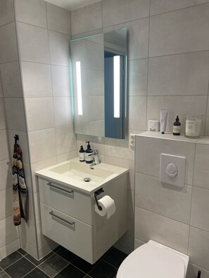 Douche, sèche-cheveux, serviettes fournies, savon