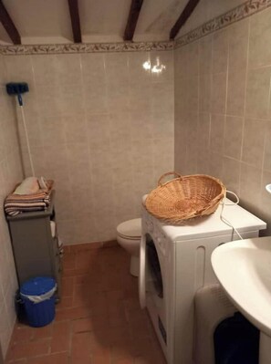 Hair dryer, towels, soap, toilet paper