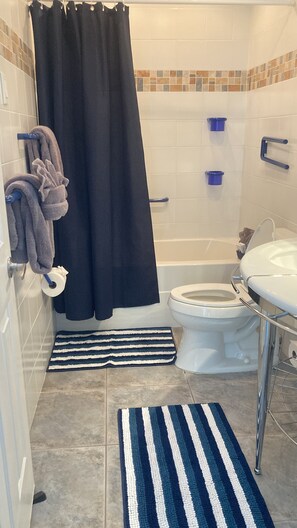 Hair dryer, towels, soap, toilet paper