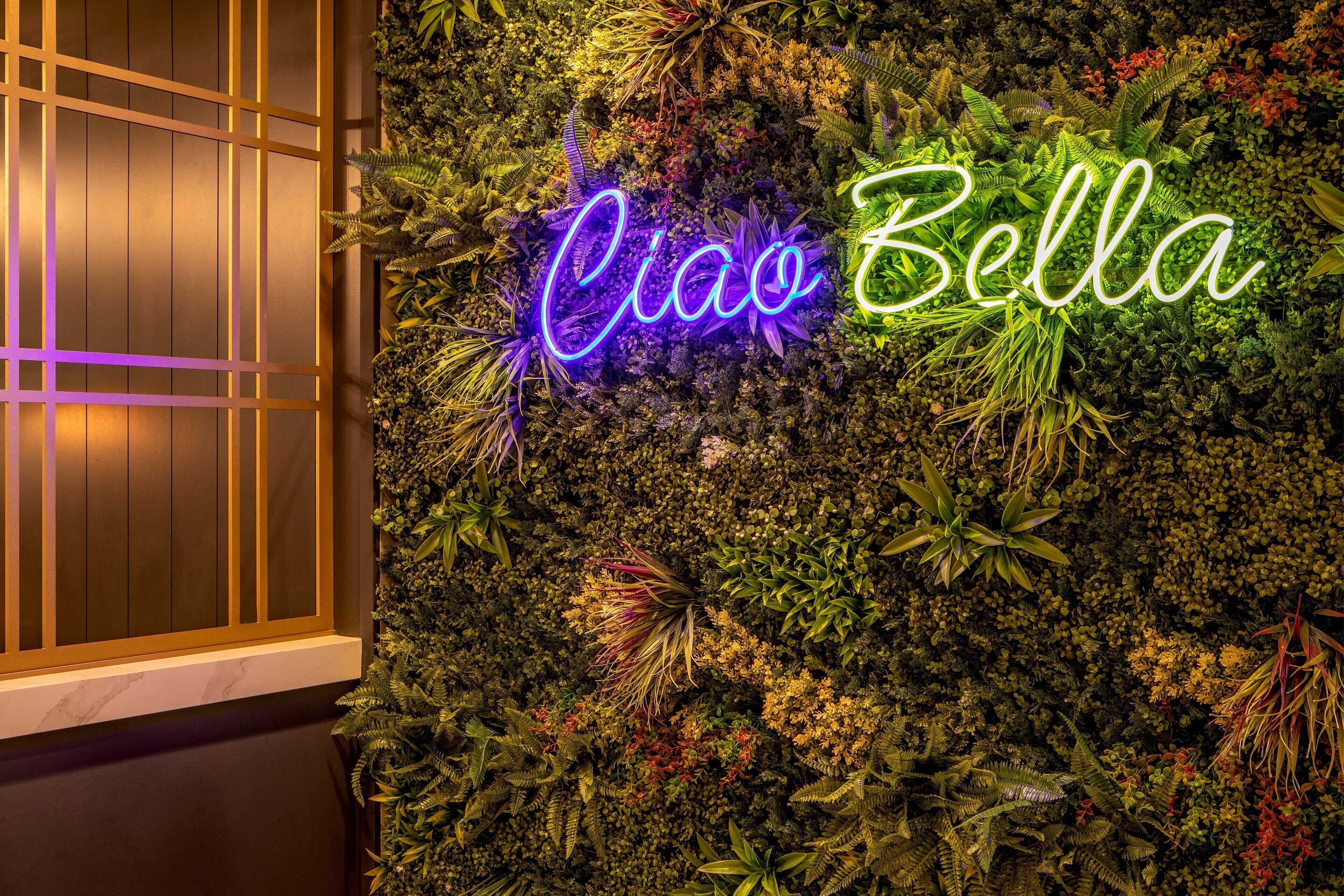 A neon sign spelling "Ciao Bella" amidst a lush green wall of various plants.