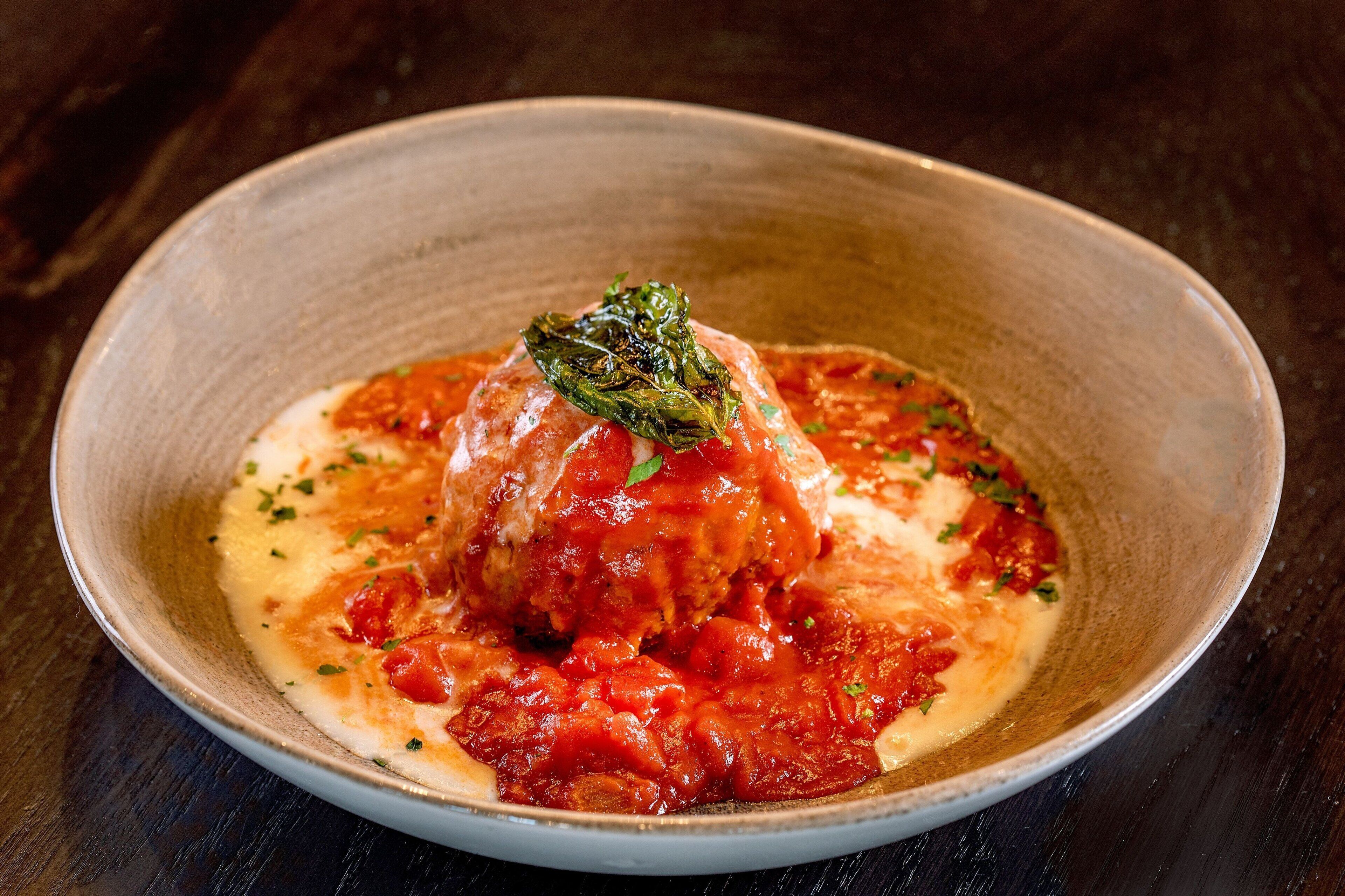 A dish with a sauce and a garnish on a plate.