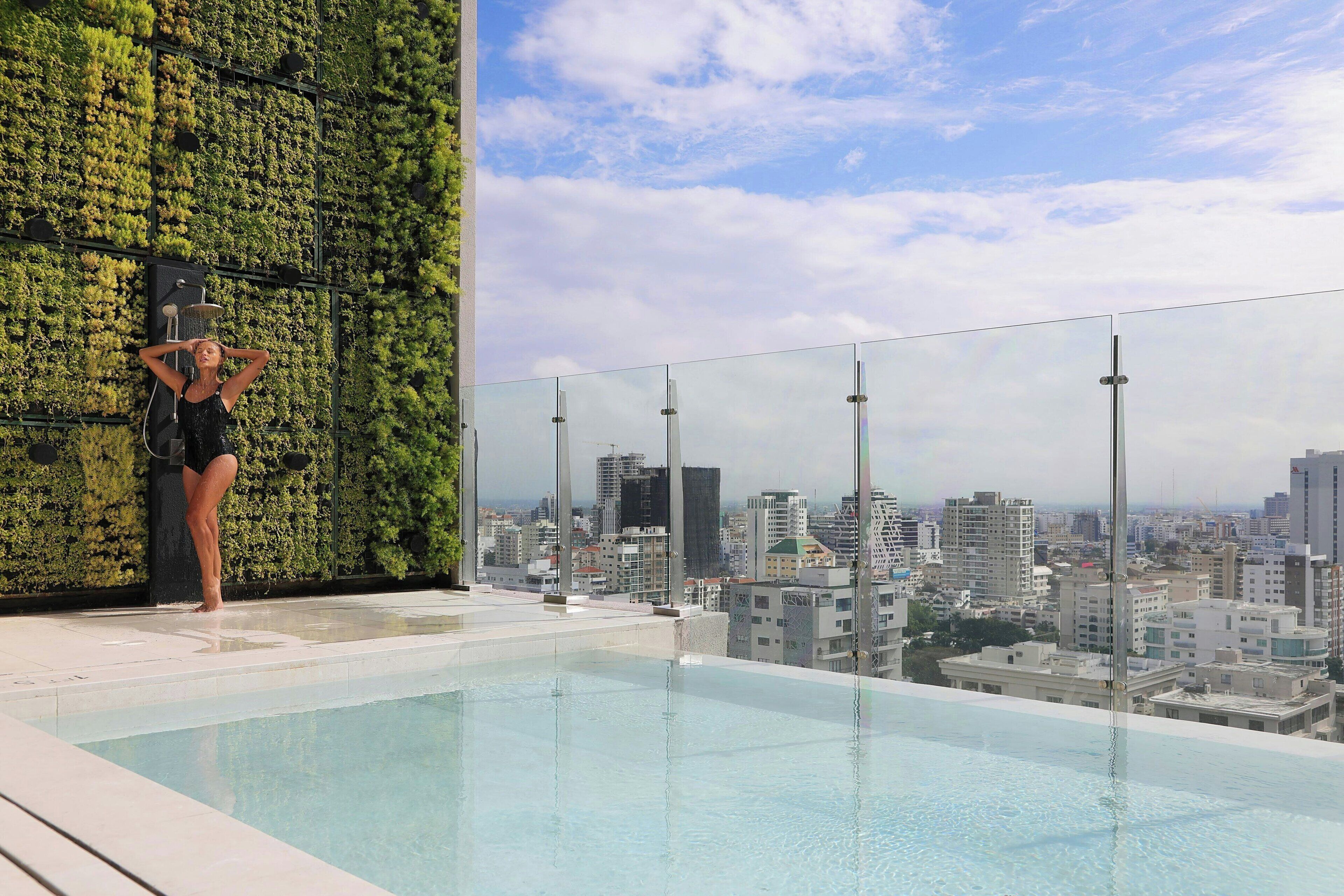 A rooftop infinity pool with a city view, a glass railing, and a green wall.