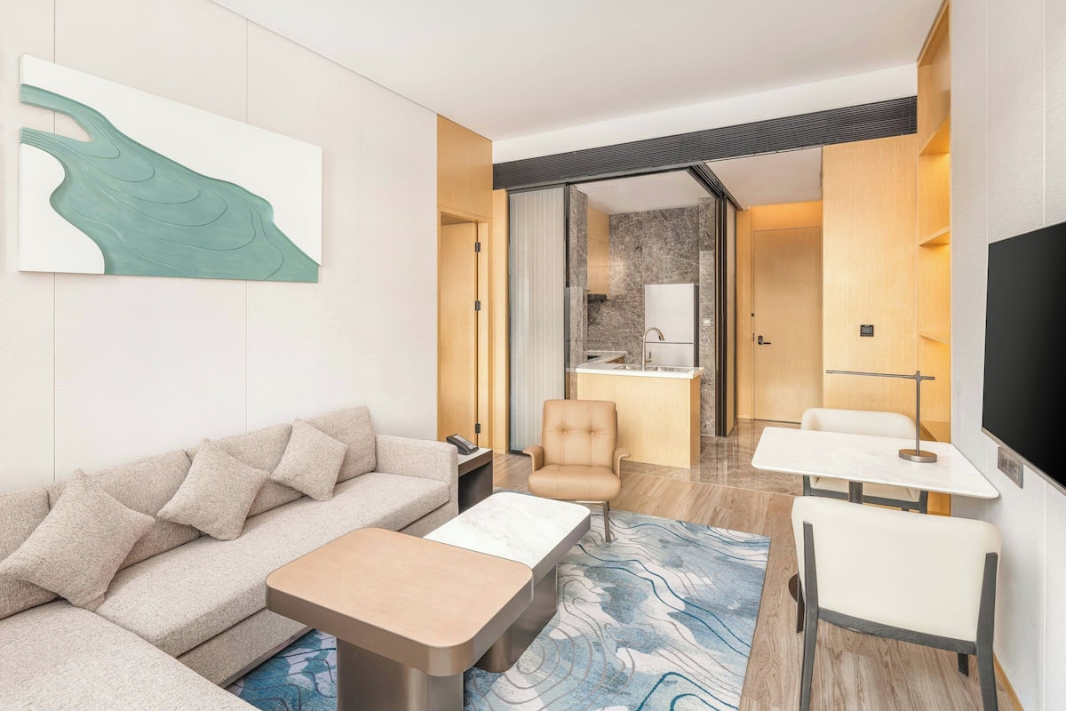 Una habitación de hotel moderna con sofá, mesa de centro, televisor, baño con lavamanos y zona de ducha.