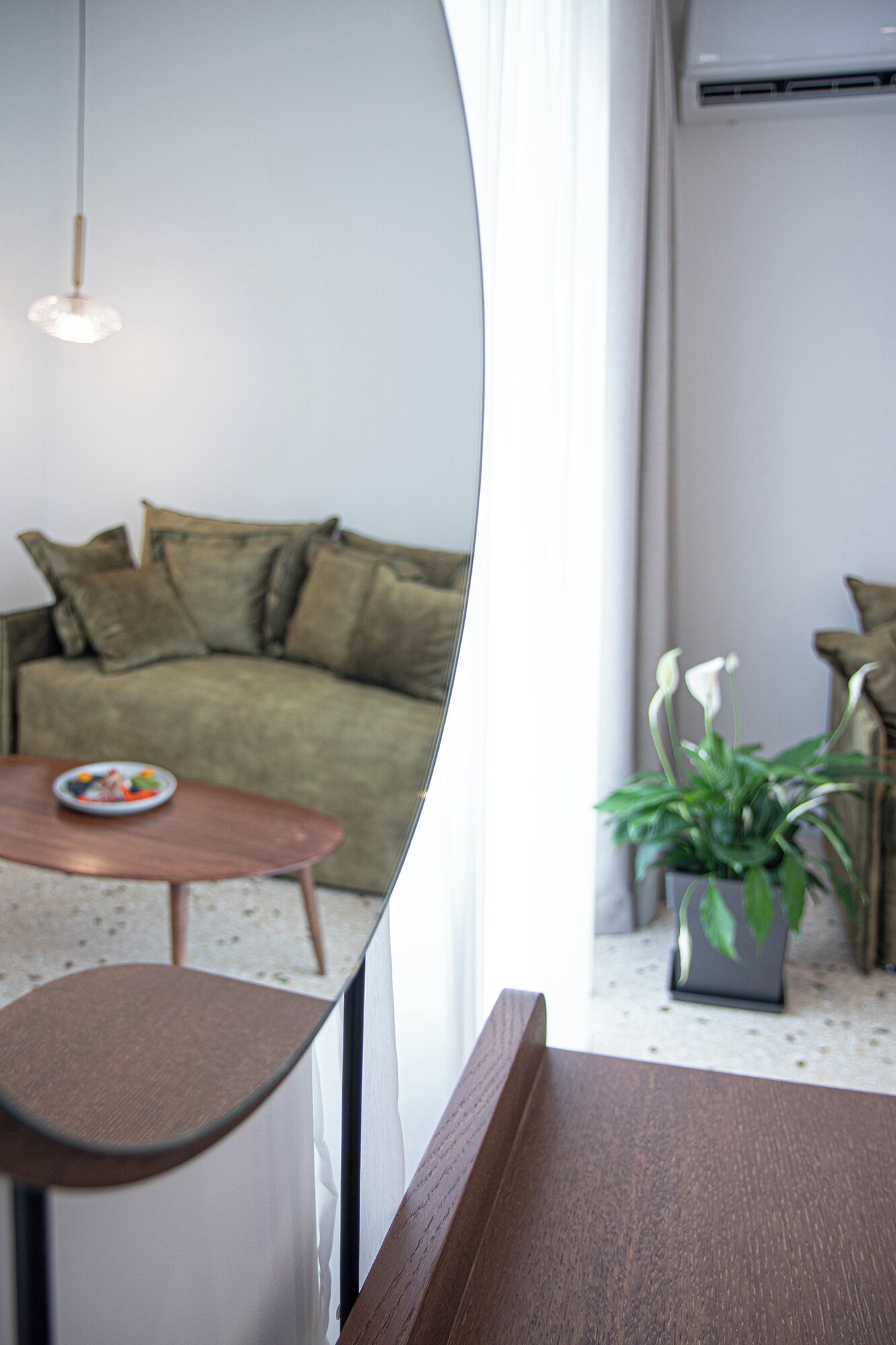 A modern living room with a sofa, a coffee table, and a potted plant.