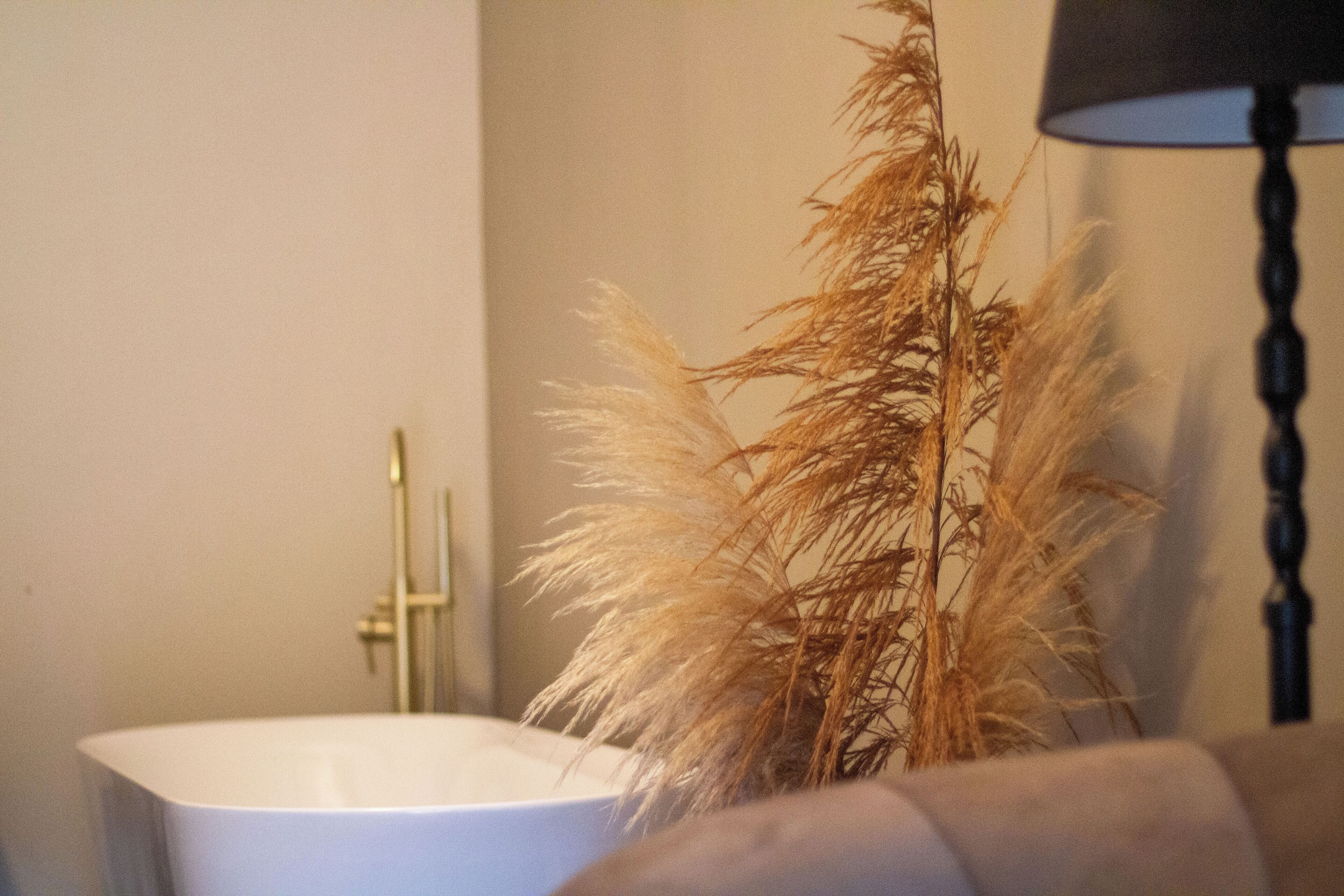 Ein Badezimmer mit einer weißen Badewanne, einem goldenen Wasserhahn und einer hohen, dekorativen Pflanze mit gefiederten Blättern.