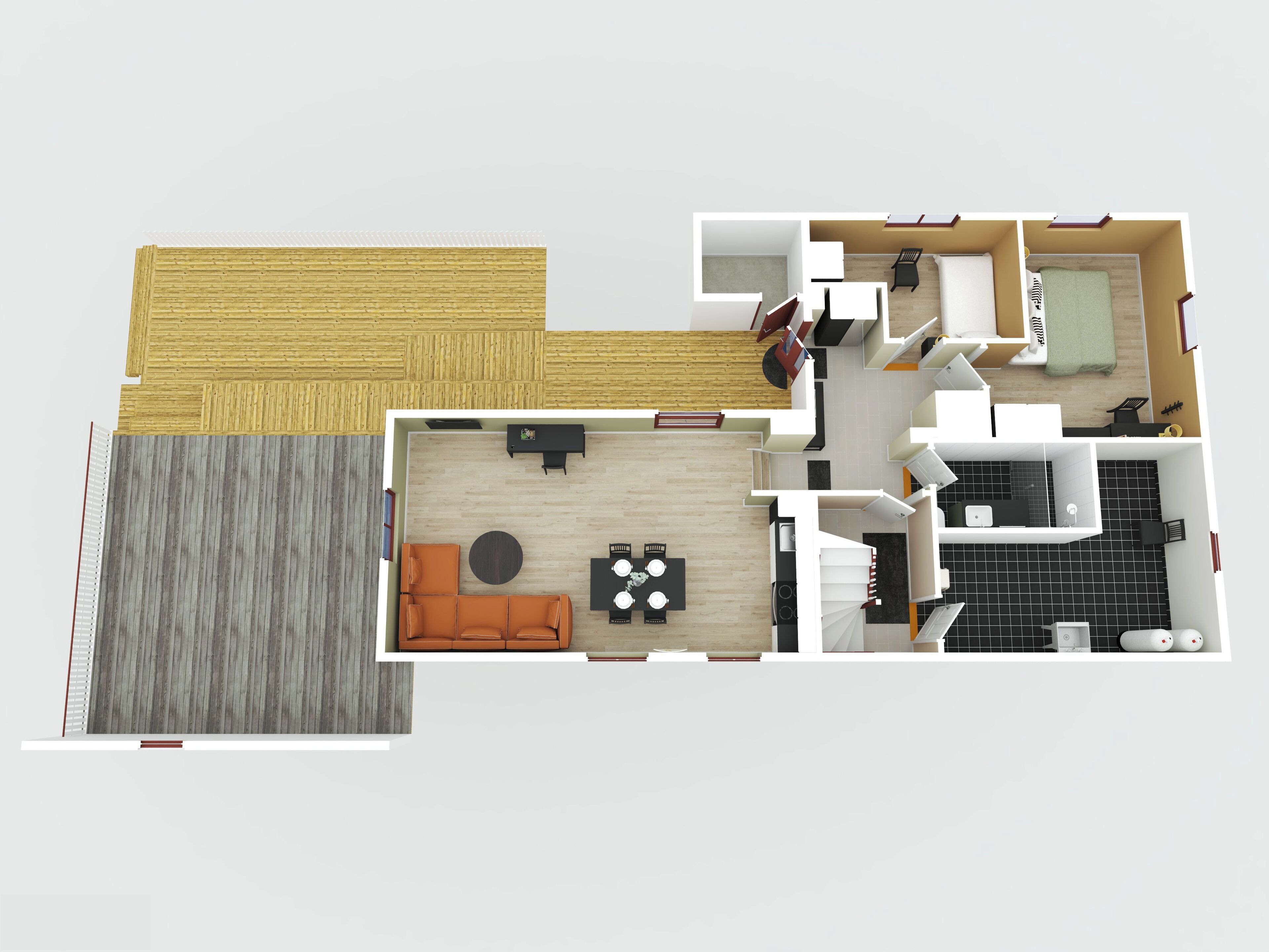 A 2-story apartment with a living room, dining area, kitchen, and two bedrooms.