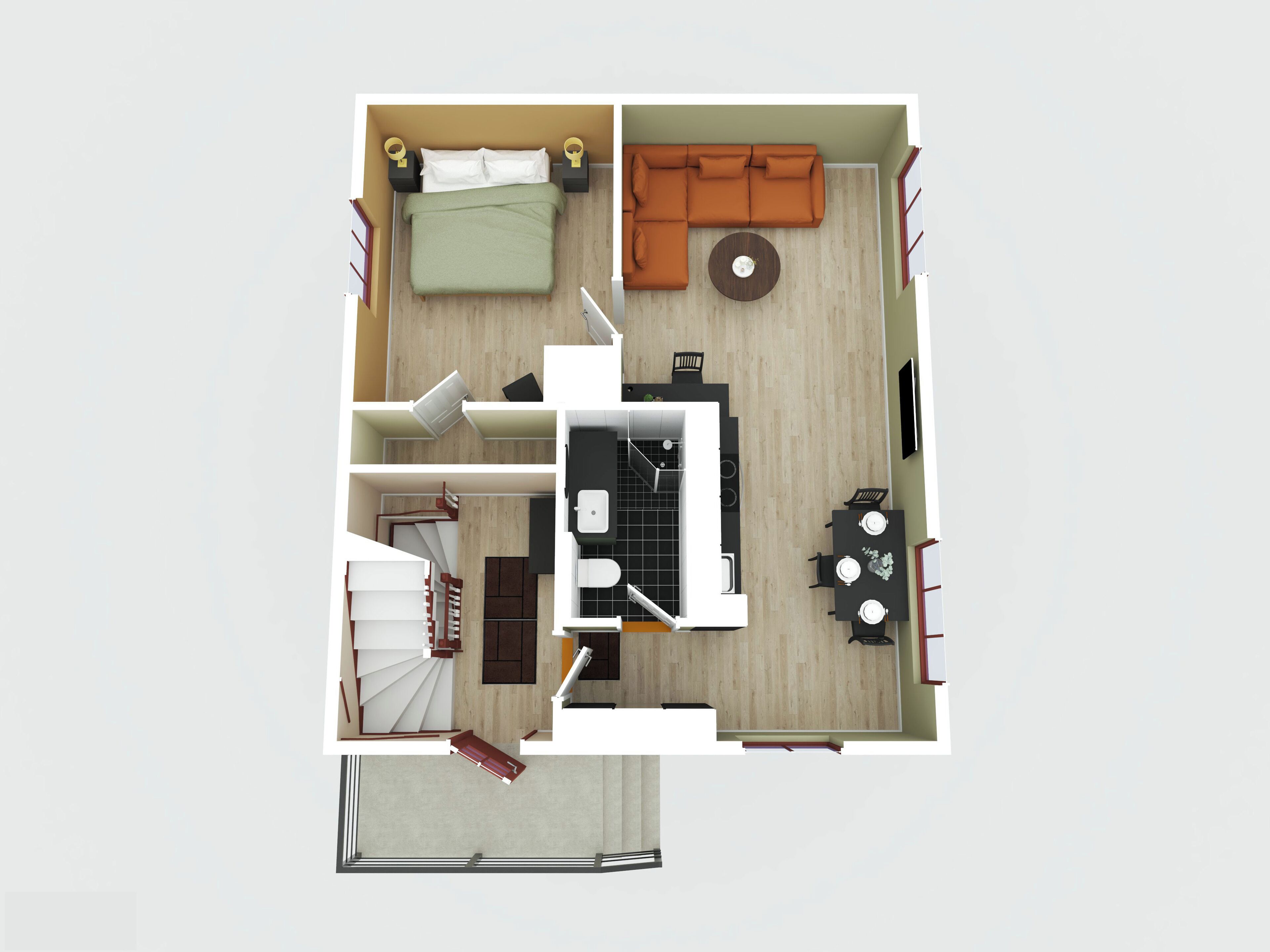 A 2-bedroom apartment layout with a living room, dining area, kitchen, and a staircase.