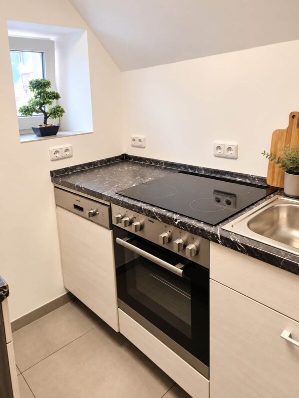 A compact kitchen with a black stovetop, oven, and a single sink.