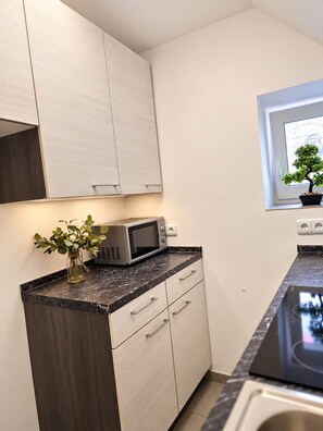 A kitchen with a microwave, a vase with flowers, and a window with a plant. - "Zur Fröhlichkeit" Vacation Rental - 2 Bedrooms & Charging Station (Altertheim)