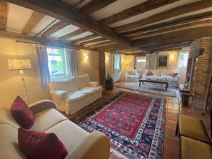 TV, fireplace, books, stereo