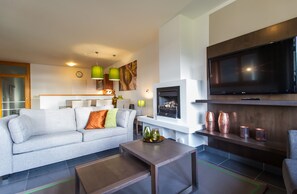 Studio – classic | Oppholdsområde | En 43-tommers LED-TV med Parabol-TV samt peis og DVD-spiller