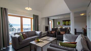 43-inch LED TV with satellite channels, fireplace, DVD player