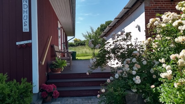 A red building with a 'LINDHUS 2a' sign, a wooden bench, and steps leading to a white building with a brick wall.