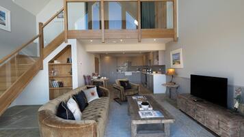 Smart TV, fireplace, DVD player, books