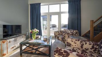 Smart TV, fireplace, DVD player, books