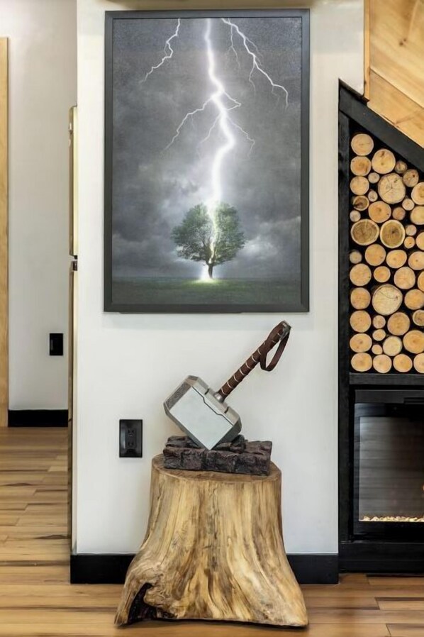 Nature-inspired artwork and natural elements adorn this stylish space.