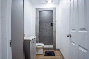 Shower, hair dryer, shampoo