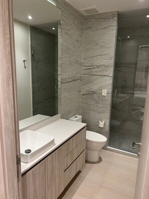 Hair dryer, towels, soap, shampoo