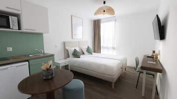 1 slaapkamer, luxe beddengoed, een kluis op de kamer, een bureau