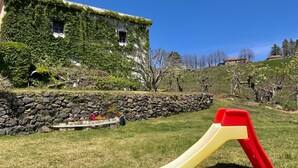 Une zone herbeuse avec un toboggan jaune et rouge, un mur de pierre et une maison recouverte de lierre.
