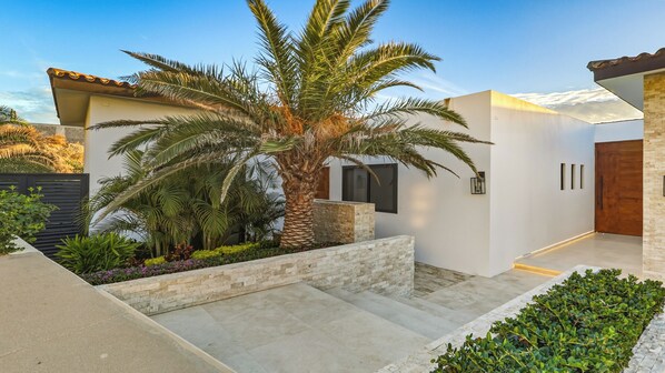 A modern house with a palm tree, a stone wall, and a wooden door.