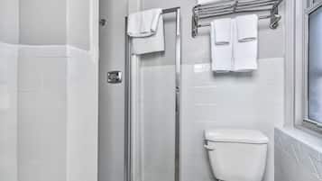 Shower, hair dryer, bathrobes, towels