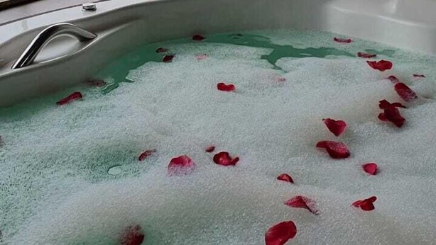 Un baño con una bañera llena de pétalos de rosa y vistas a un paisaje verde a través de una ventana.