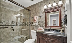 Douche, sèche-cheveux, serviettes fournies, savon