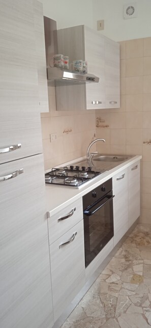 Een koelkast, een oven, een kookplaat, een koffiezetapparaat/waterkoker