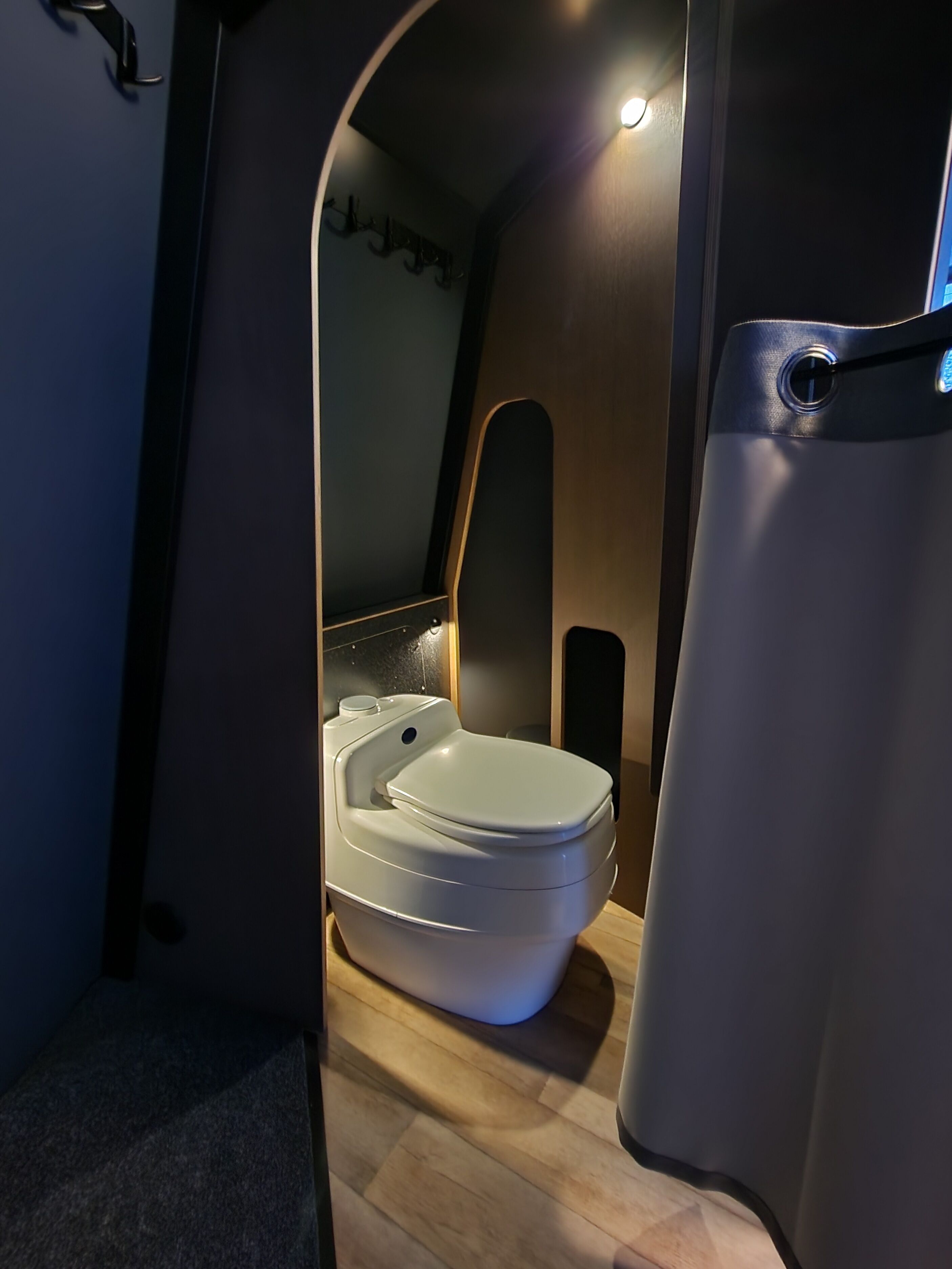 A compact, modern bathroom with a white toilet, a shower enclosure, and a wooden floor.