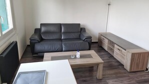 Una sala de estar moderna con un sofá de cuero negro, una mesa de centro de madera y un mueble de madera.