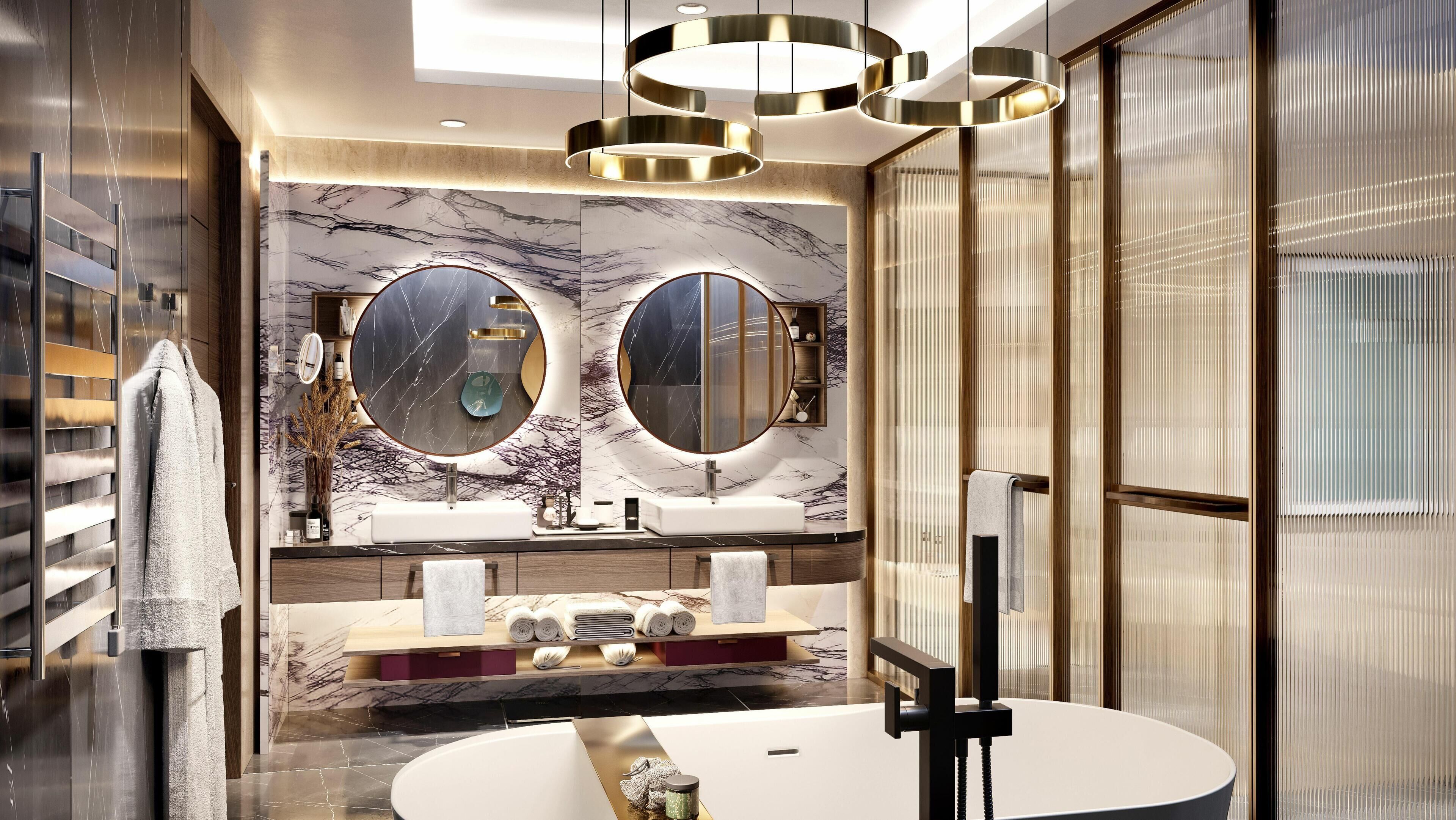 A modern bathroom with two sinks, a large mirror, and a freestanding bathtub.