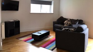 A modern living room with a flat-screen TV, a black entertainment unit, a grey sofa with patterned cushions, and a colorful striped rug. - HU1 Stylish cosy central apartment  H3 (Hull)