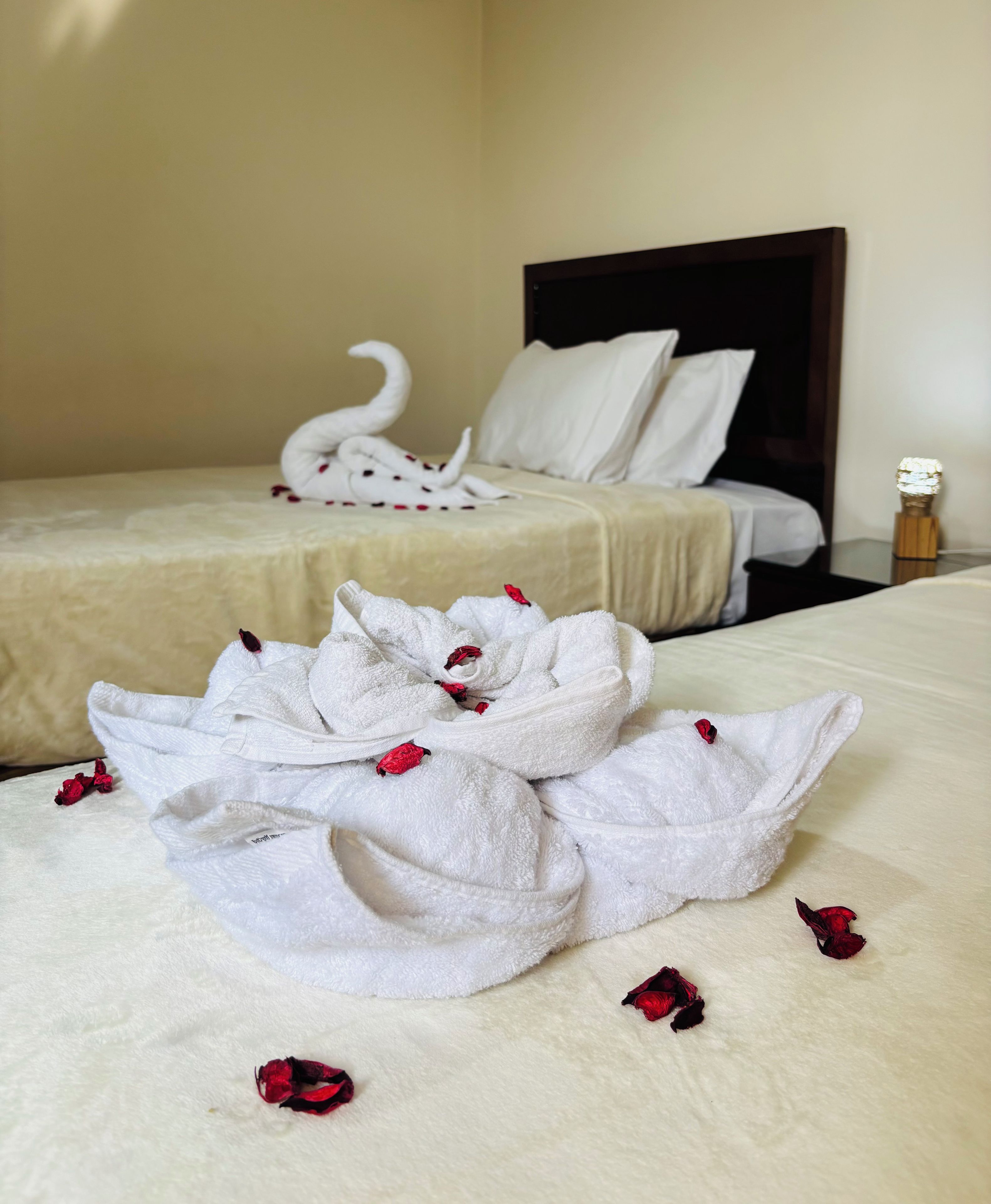 A hotel room with two beds, one with a swan-shaped towel and the other with a simple towel arrangement.