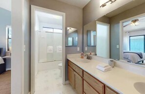Hair dryer, towels, soap, shampoo
