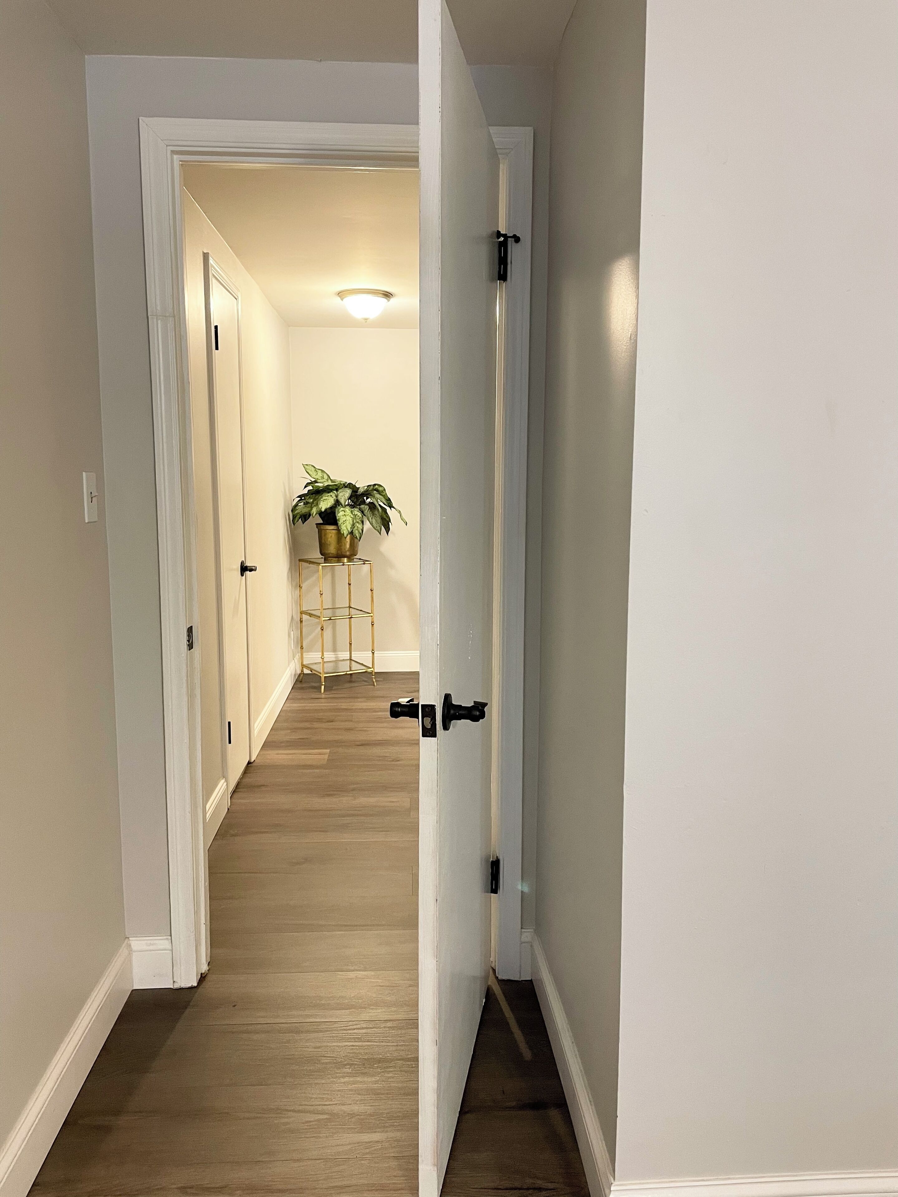 A hallway with wooden flooring and white walls, leading to a room with a door.