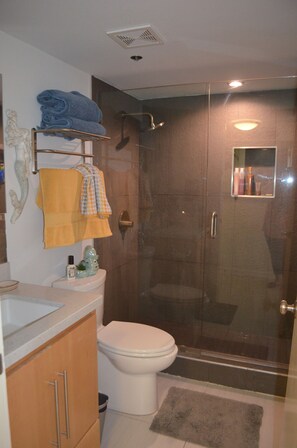 Serviettes fournies, savon, shampoing, papier toilette