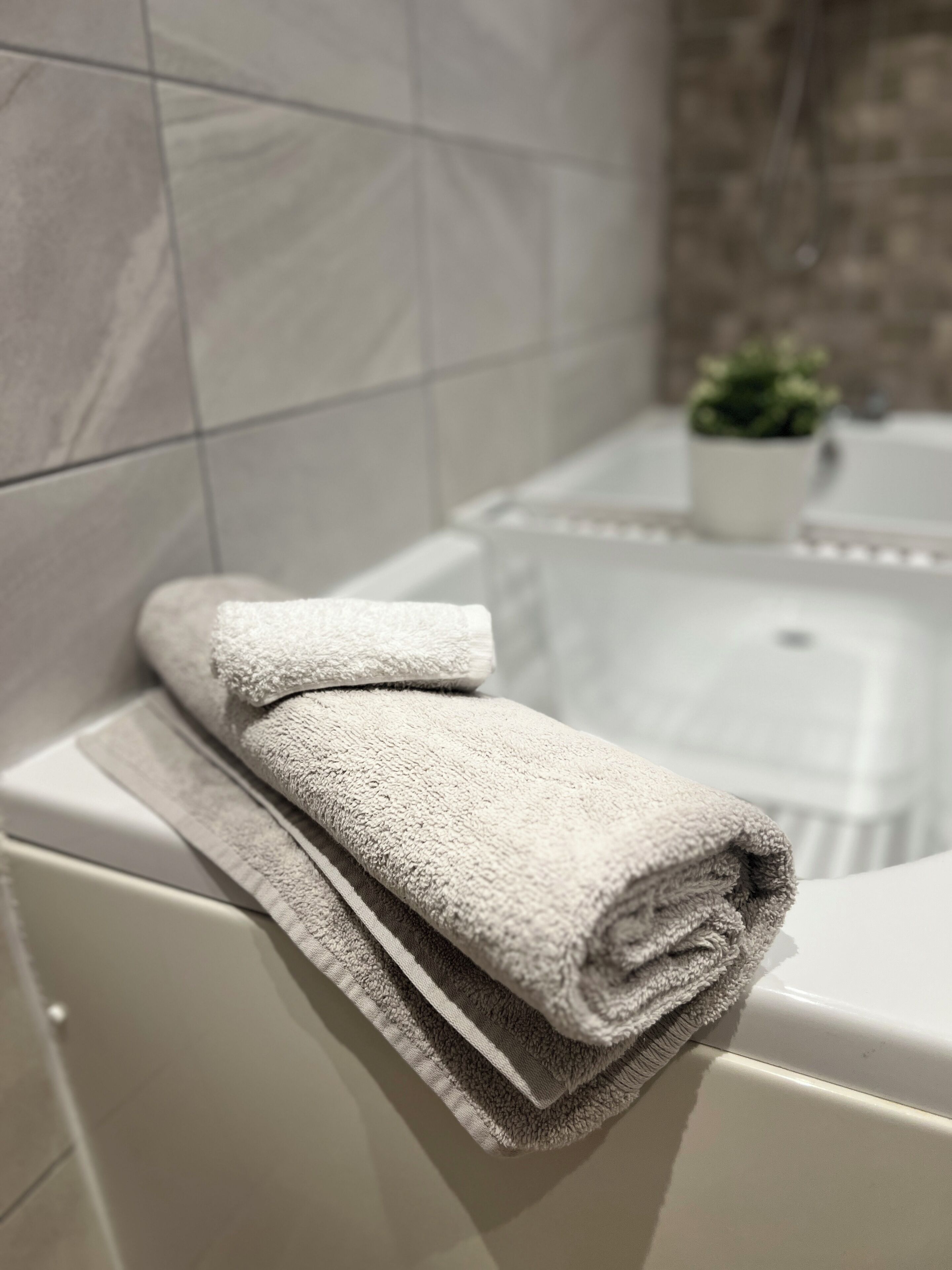 Un baño con una bañera blanca, una toalla y una pequeña planta en maceta sobre el mueble.