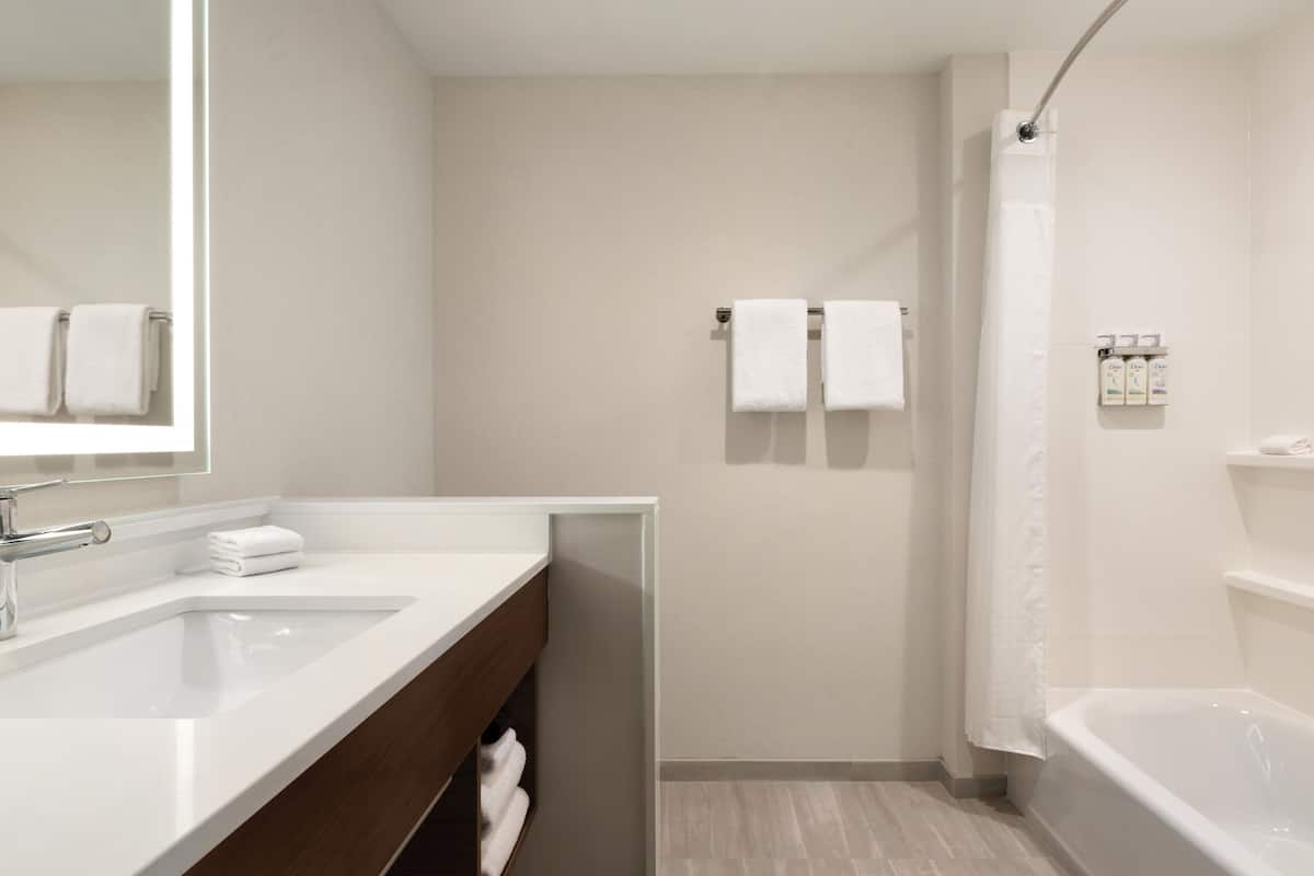 Secador de cabelo, toalhas de banho, sabonete, shampoo