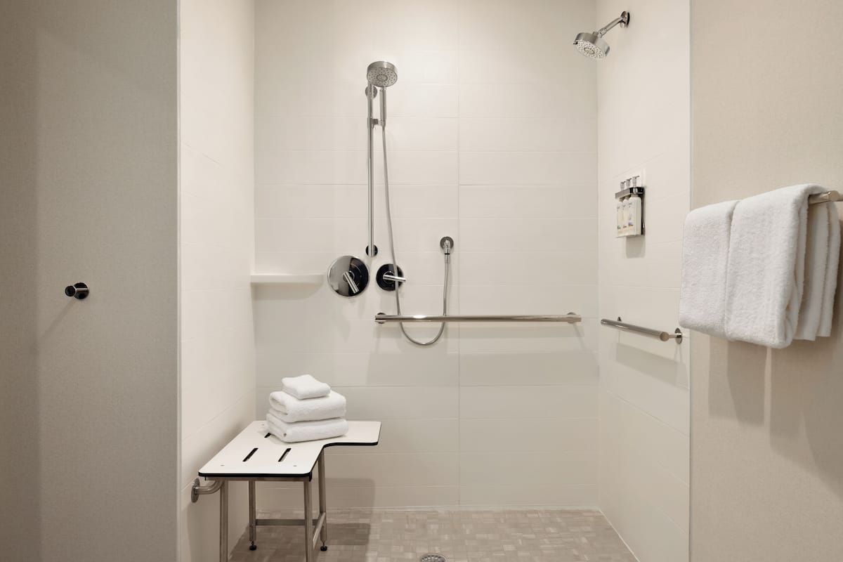 Secador de cabelo, toalhas de banho, sabonete, shampoo