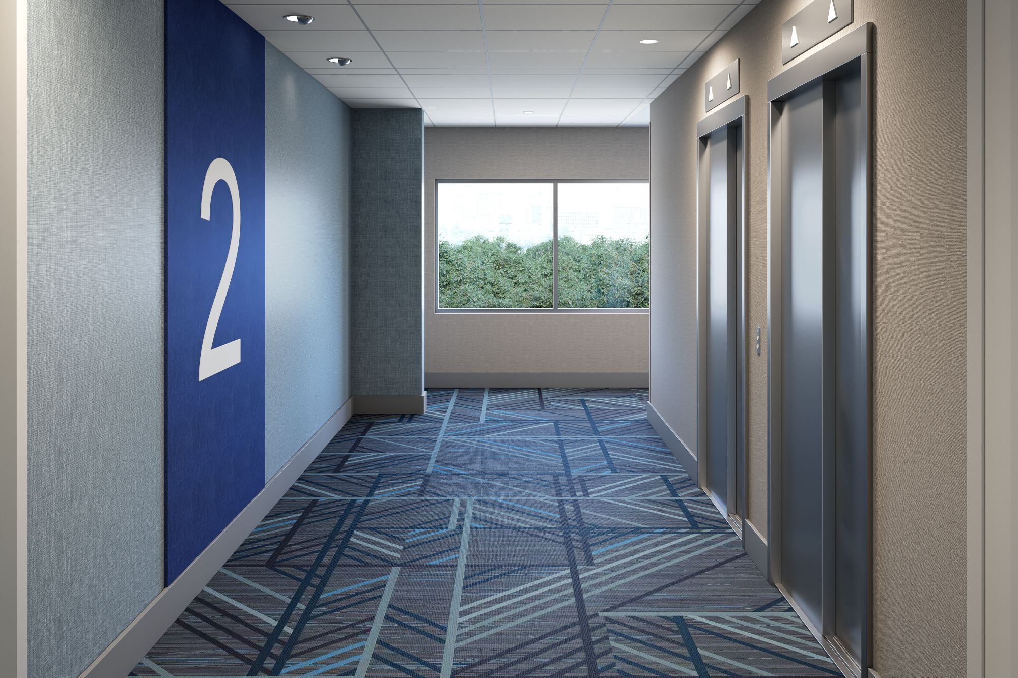 Un couloir avec un mur bleu, une plaque portant le chiffre « 2 », une moquette à motifs et un ascenseur.