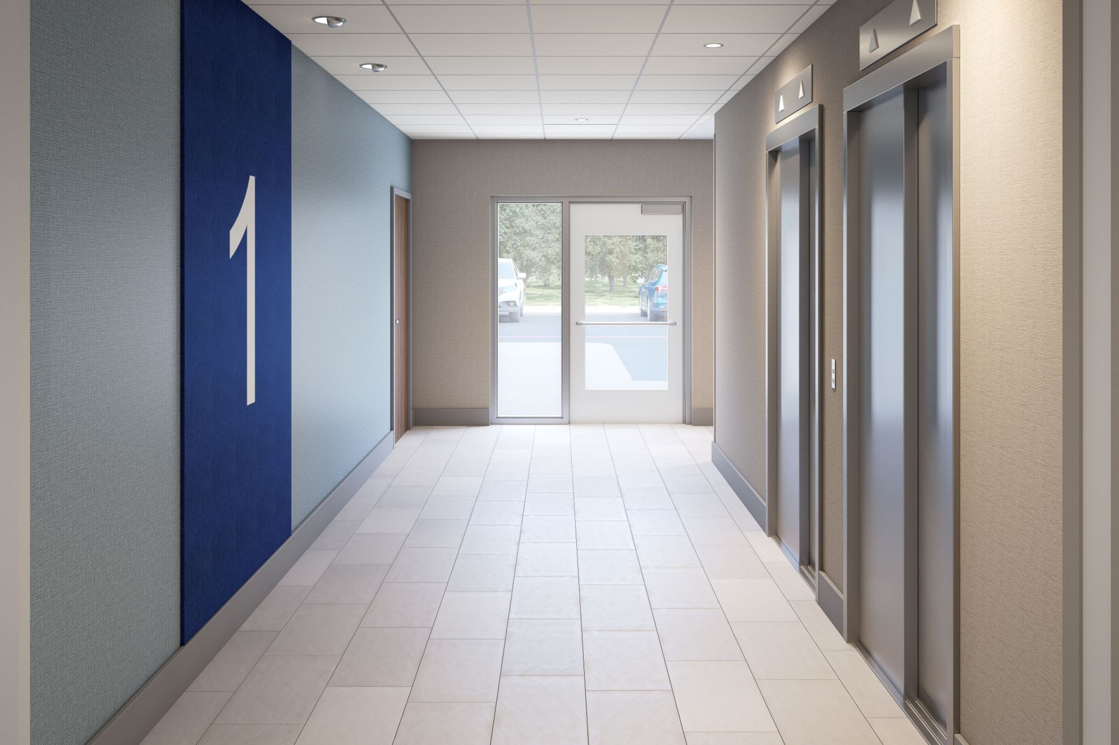 A hallway with a blue wall featuring a large white number 1, a glass door at the end, and a row of elevators on the right.