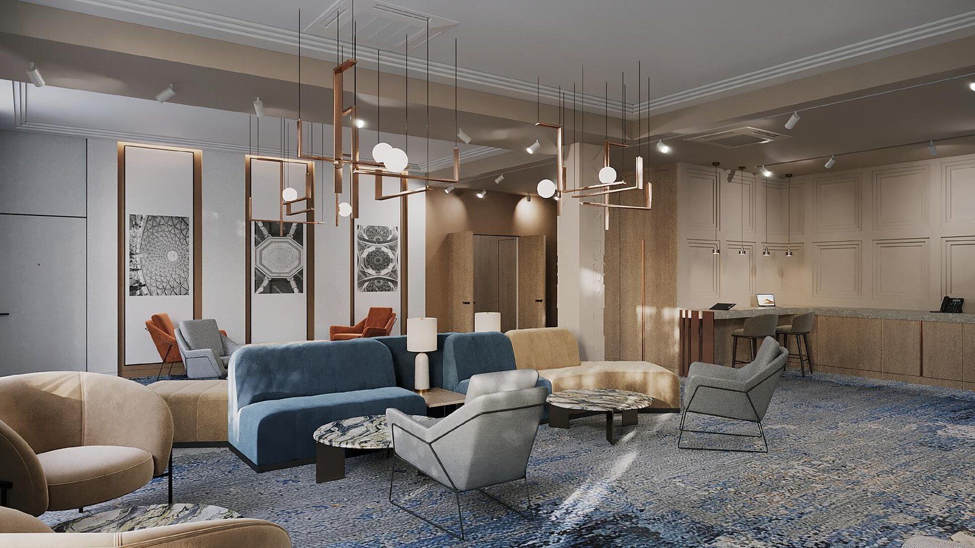 Um hall de hotel moderno com carpete azul, área de estar e bar.