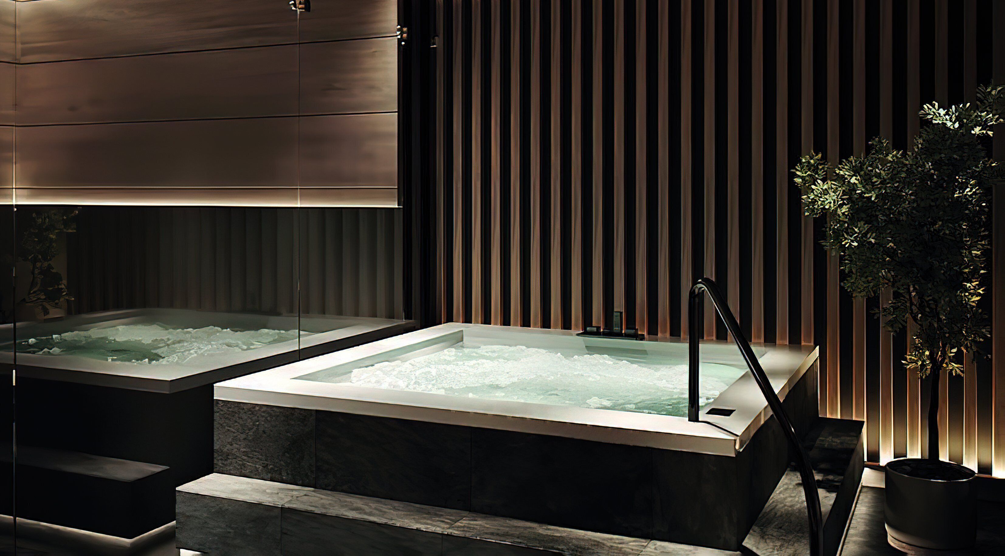 A spa area with two hot tubs, a wooden wall, and a potted plant.