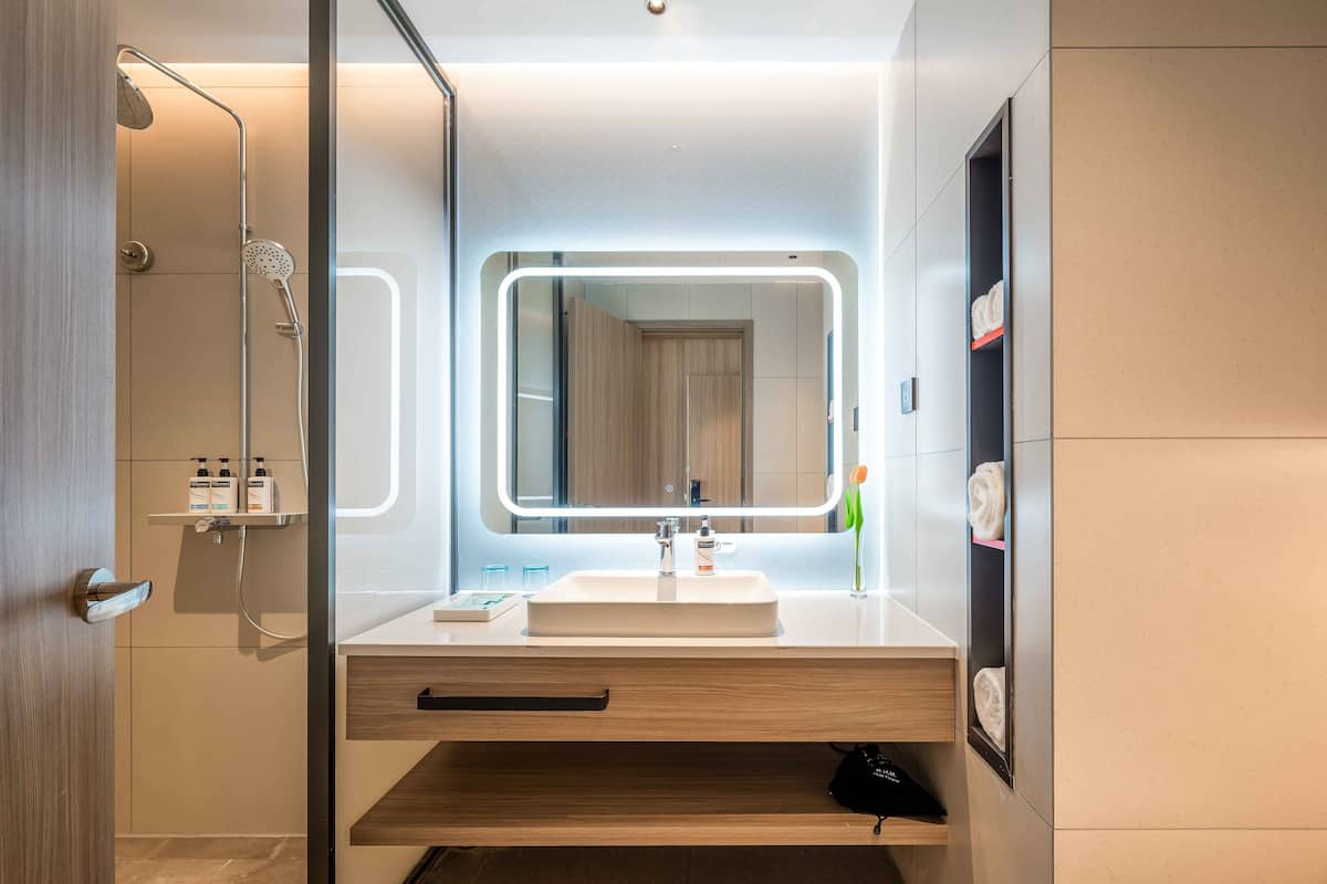 shower, hydromassage showerhead, free toiletries, hair dryer