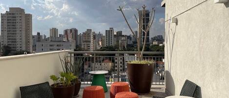 A rooftop terrace with outdoor seating, potted plants, and a city skyline view.