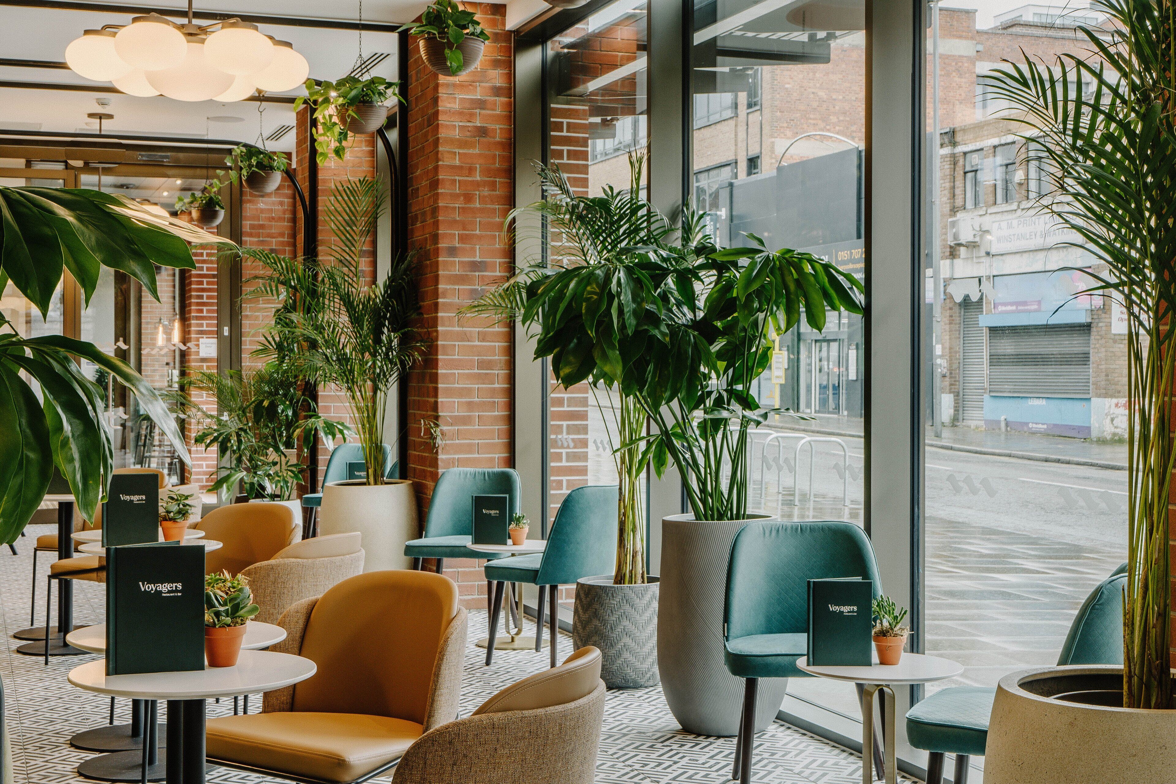 A modern indoor seating area with comfortable chairs, tables, and potted plants.
