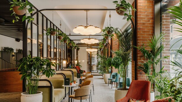 A modern lounge area with seating, potted plants, and a brick wall. - The Halyard Liverpool, Vignette Collection by IHG (Liverpool)