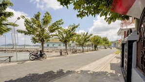 Un chemin pavé, bordé d’arbres et de bancs, qui mène à un plan d’eau.